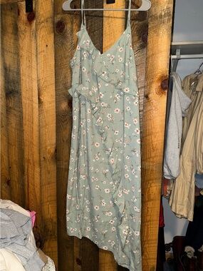 Hem & Thread Sage Green Floral Midi Slip Dress with Ruffle Detail